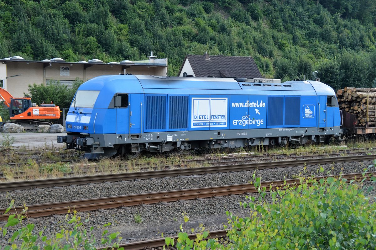 253 015-8 (PRESS) wartet mit einem beladenem Holzzug am 06.08.2016 an der Verladestelle im Bahnhof Arnsberg auf die Ausfahrt.