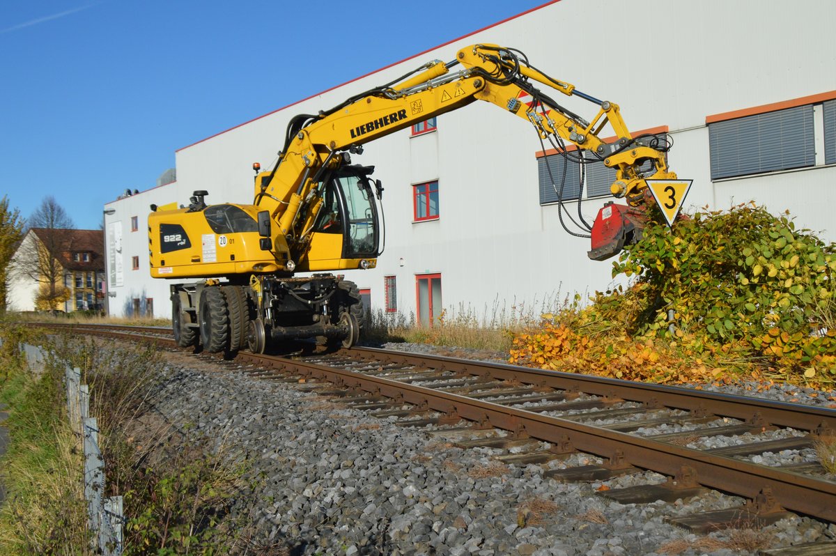 Am 18.11.2020 war der Zweiwegebagger Liebherr 922 rail der Westfälischen Landes-Eisenbahn (WLE) auf der RLG Strecke zwischen Hüsten und Bruchhausen mit Vegetationsschnittarbeiten beschäftigt.